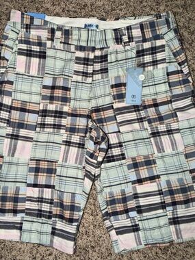 Izod Patchwork Plaid Shorts in Navy, Mint & Pink